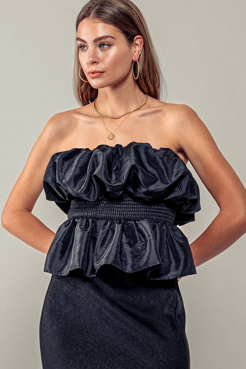 Urban Daizy Strapless Ruffle Smocked Waist Silky Peplum Top Black Blouse - Women's (UDZ-TP-00566) – alternate view 5