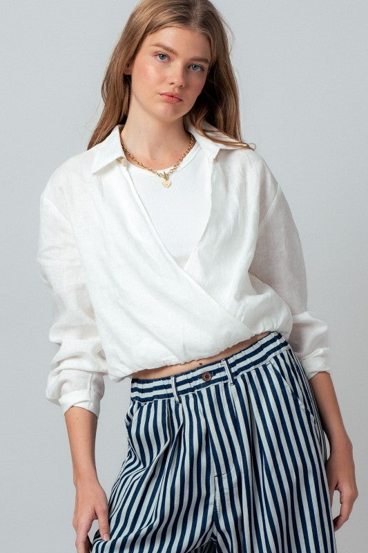 Linen Double Layer Wrap Blouse with Built-In Tank in WHITE - Women's Shirts & Blouses | Urban Daizy