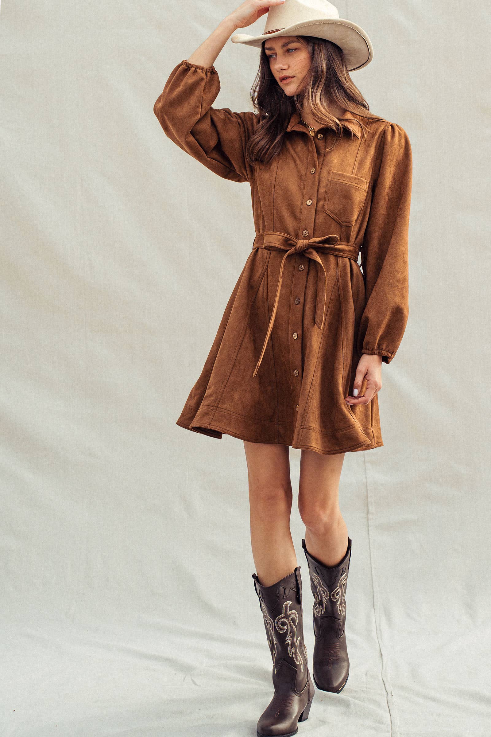 Western Suede Shirt Mini Dress–Belted Waist, Puff Sleeves