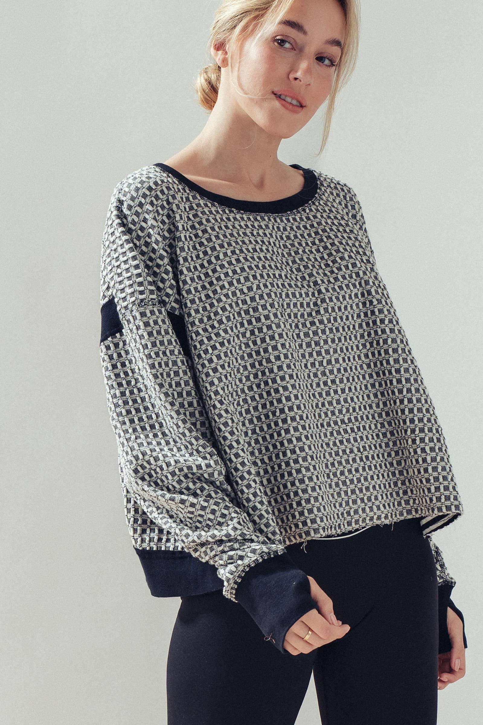 Reversible Textured Check Long Sleeve Pullover