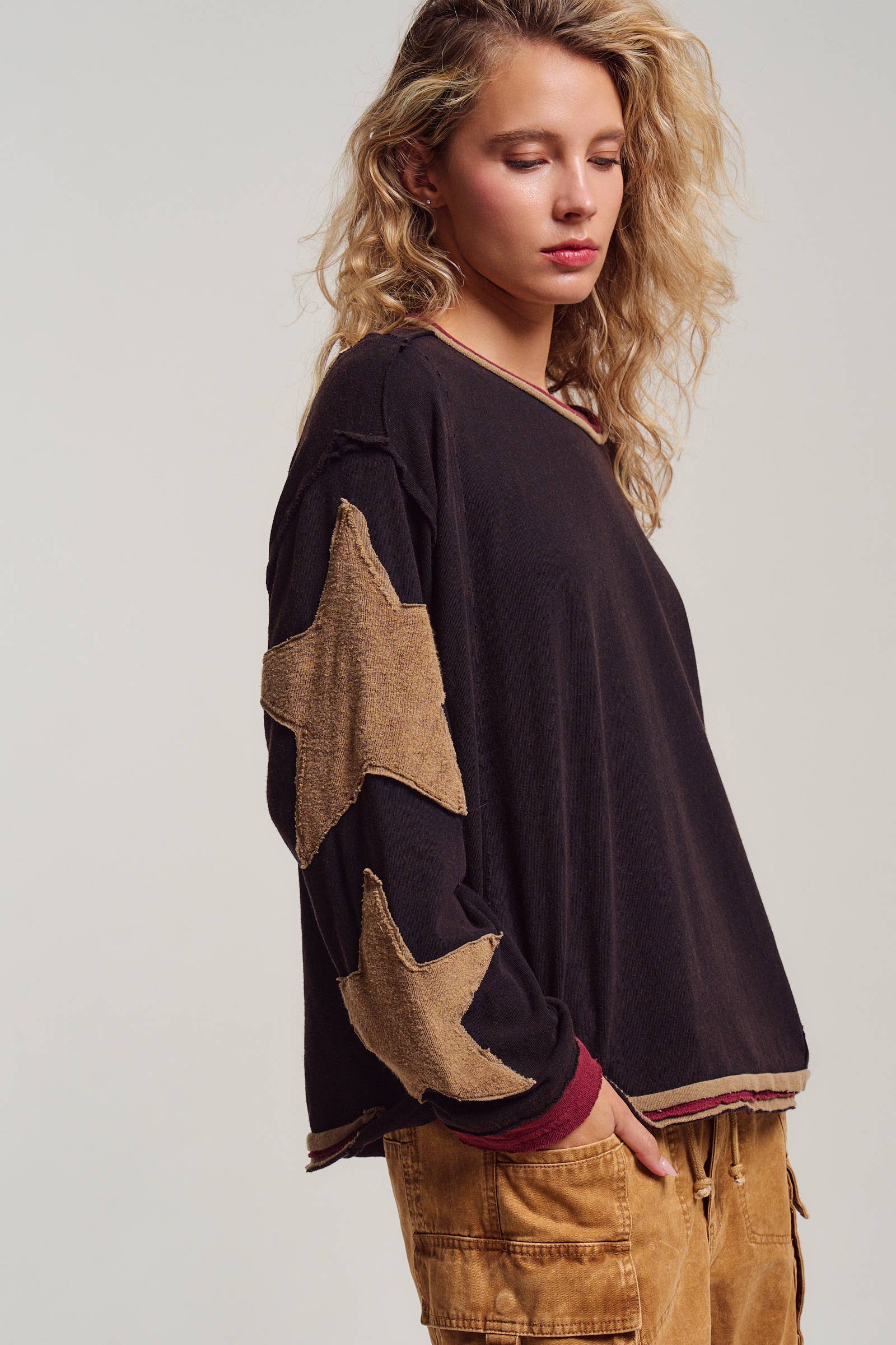 Urban Daizy Raw Seam Star Patch Slouchy Knit Top Brown Knit Top - Women's (UDTP1432-Brown) – alternate view 11