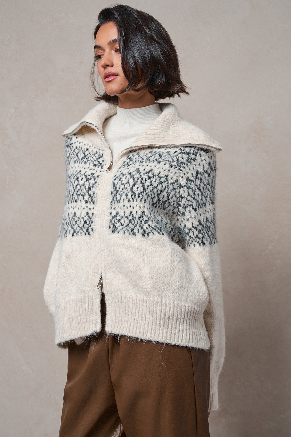 Nordic Fair Isle Zip Up Sweater Jacket