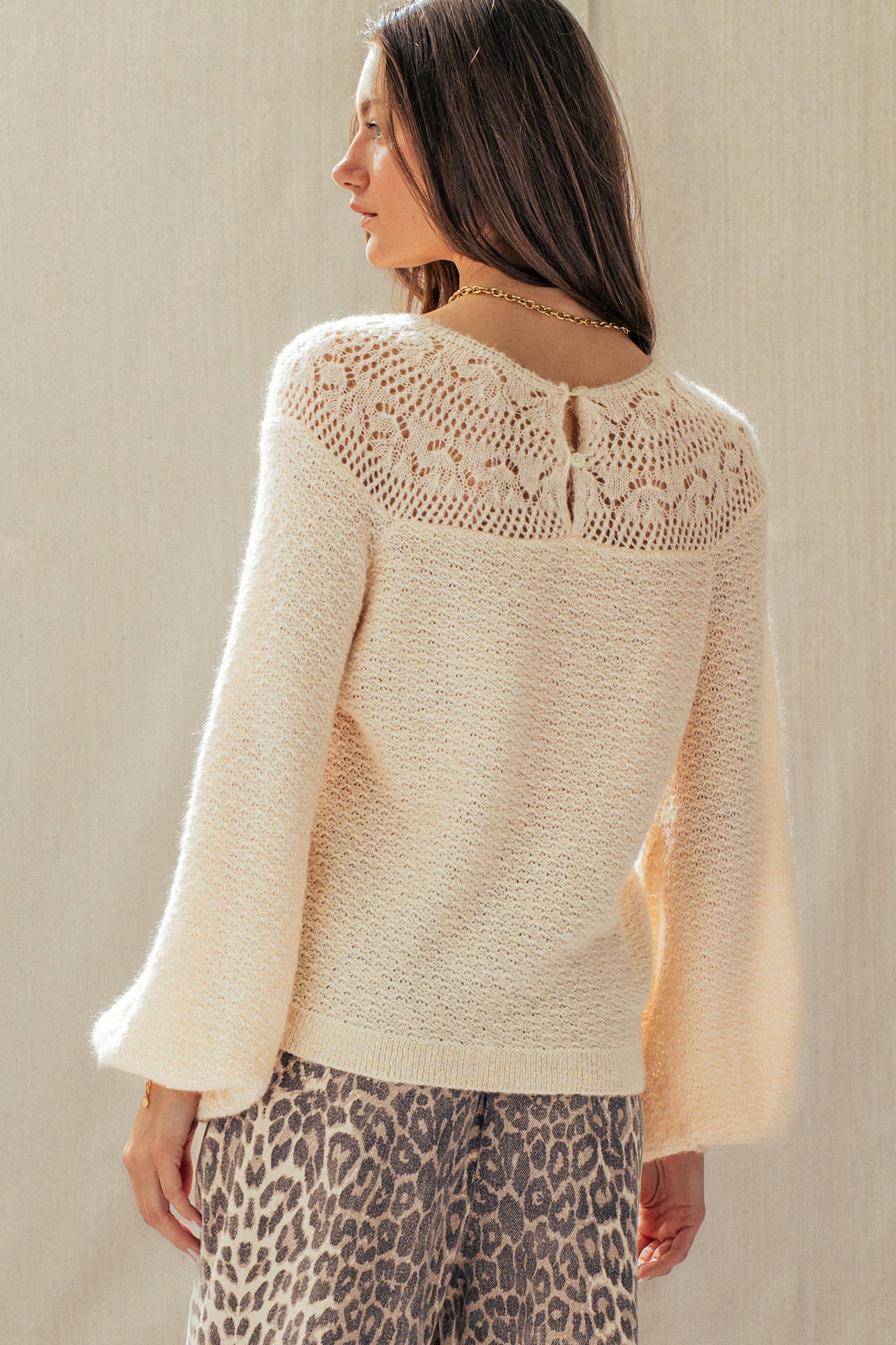 Lace Yoke Knit Blouson Sleeve Sweater