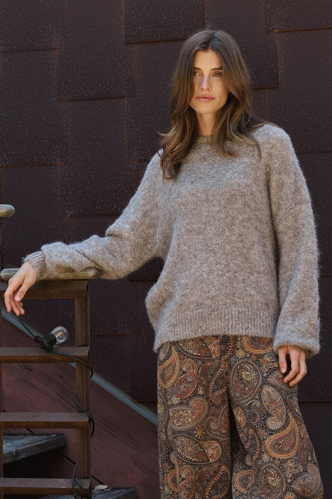 New York Sequin Letter Fuzzy Wool Blend Pullover Sweater in MOCHA - Women's Sweaters | Urban Daizy