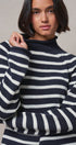 Striped Mock Neck Sweater with Rolled Neckline in IVORY NAVY - Women's Sweaters | Urban Daizy