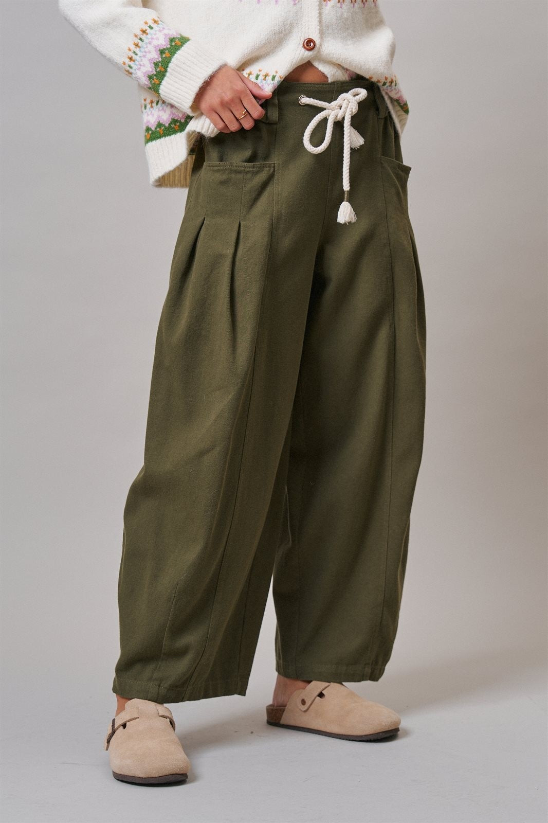 Pleated Wide-Leg Barrel Pant with Drawstring in OLIVE - Women's Casual Pants | Urban Daizy