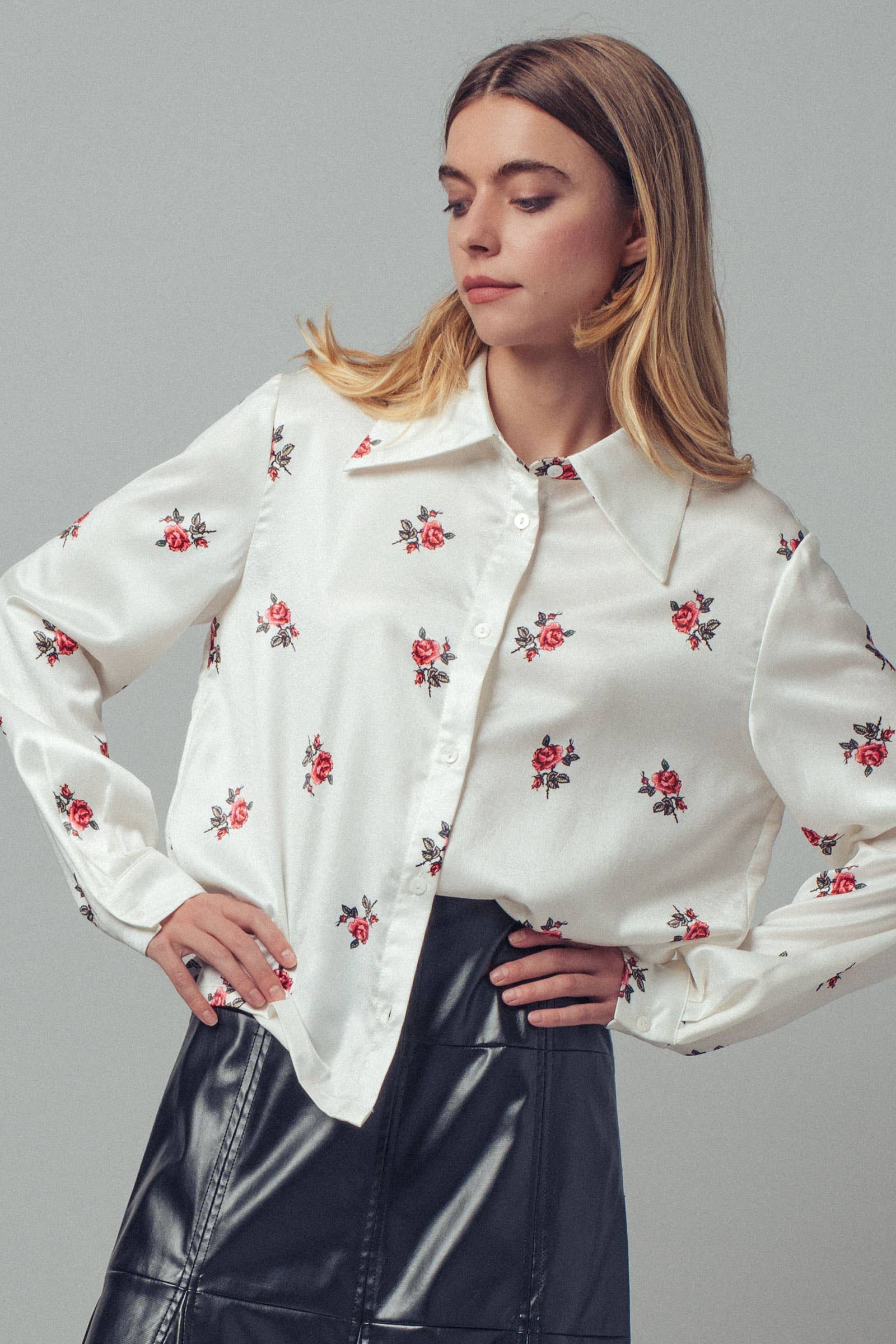 Rose Print Satin Button-Up Blouse