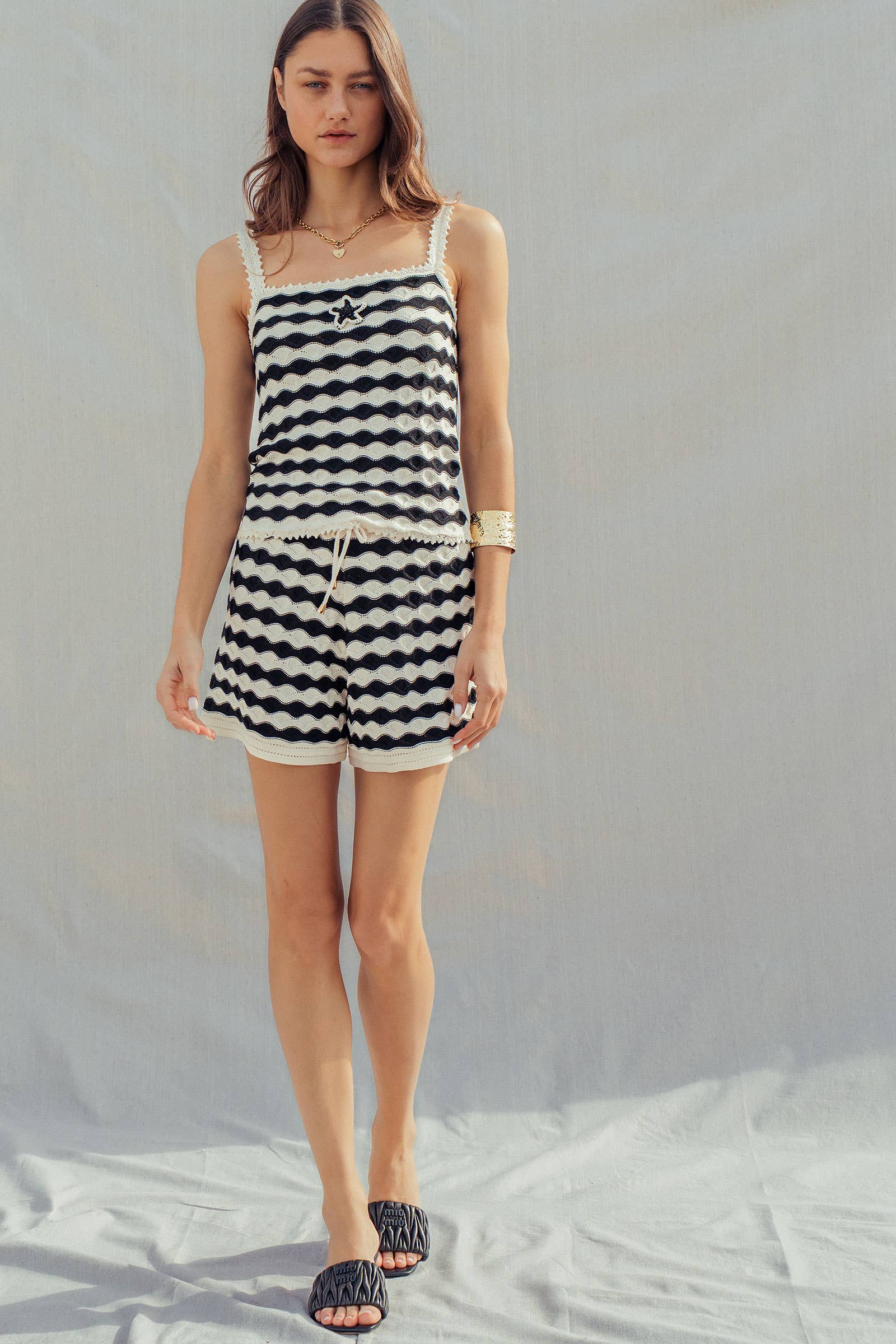 Urban Daizy Wavy Stripe Knit Two-Piece Set Star Detail Ivory-Black Lounge Set - Women's (UDZ-AC-00236) – alternate view 14