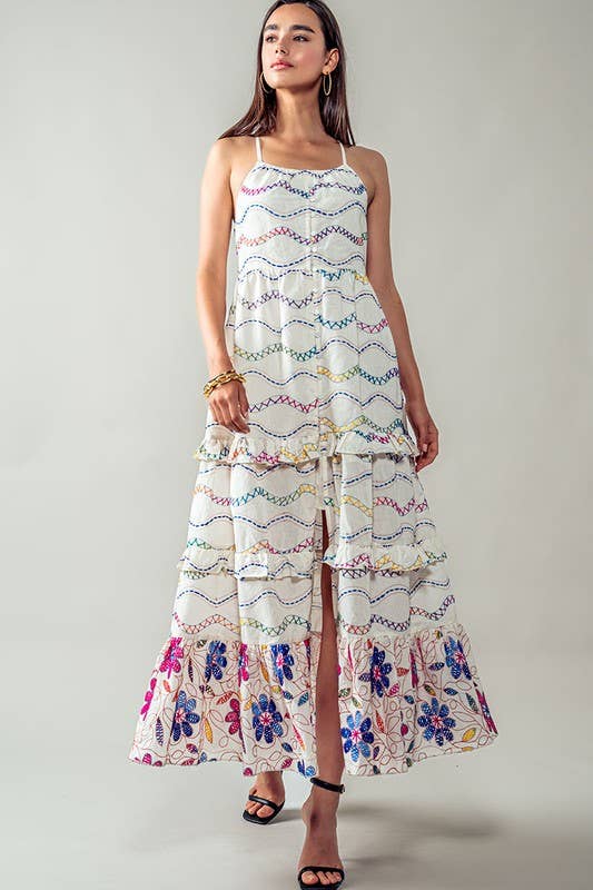 Urban Daizy Ruffle Tiered Embroidered Split Midi Dress White-Multi Dress - Women's (UDZ-DR-00262)