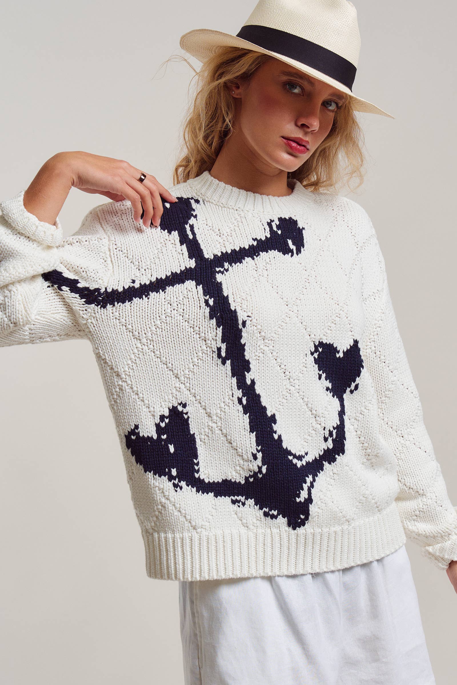 Urban Daizy Nautical Anchor Intarsia Textured Knit Sweater Ivory Knit Sweater - Women's (UDSW0346-Ivory) – alternate view 7