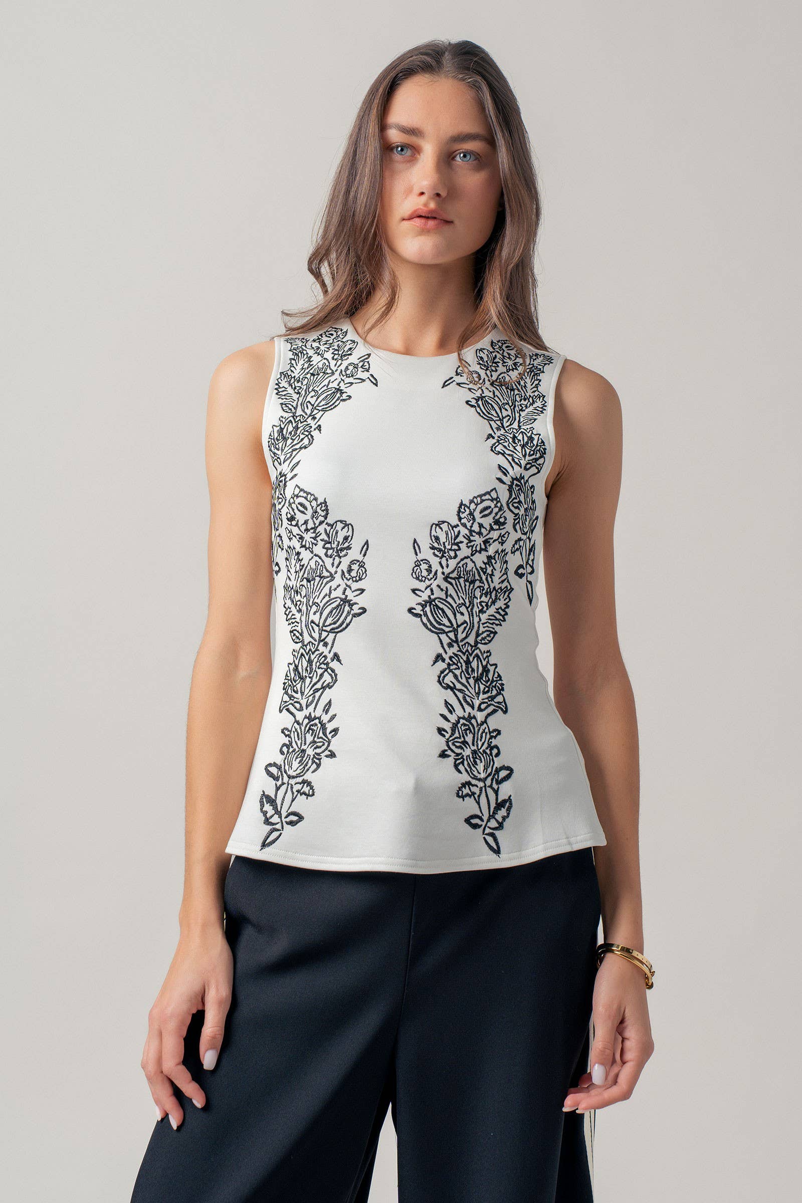 Urban Daizy Floral Embroidered Sleeveless Knit Peplum Top Ivory-Black Tank Top - Women's (UDZ-TP-01059) – alternate view 7