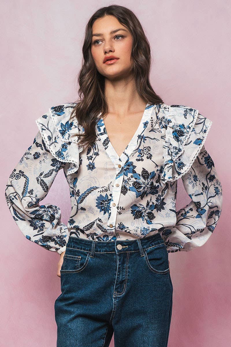 Urban Daizy Ruffled Shoulder V Neck Button Down Blouse White Black Blouse - Women's (UDZ-TP-00746) – alternate view 26