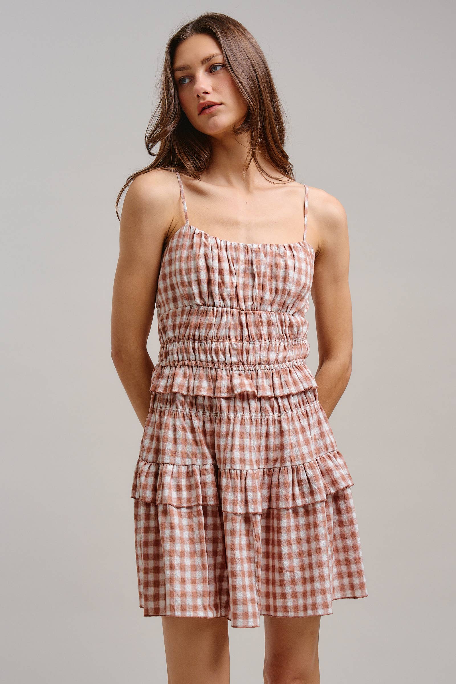 Urban Daizy Gingham Tiered Smocked Mini Dress Blue Dress - Women's (TNDR1640-Blue) – alternate view 5