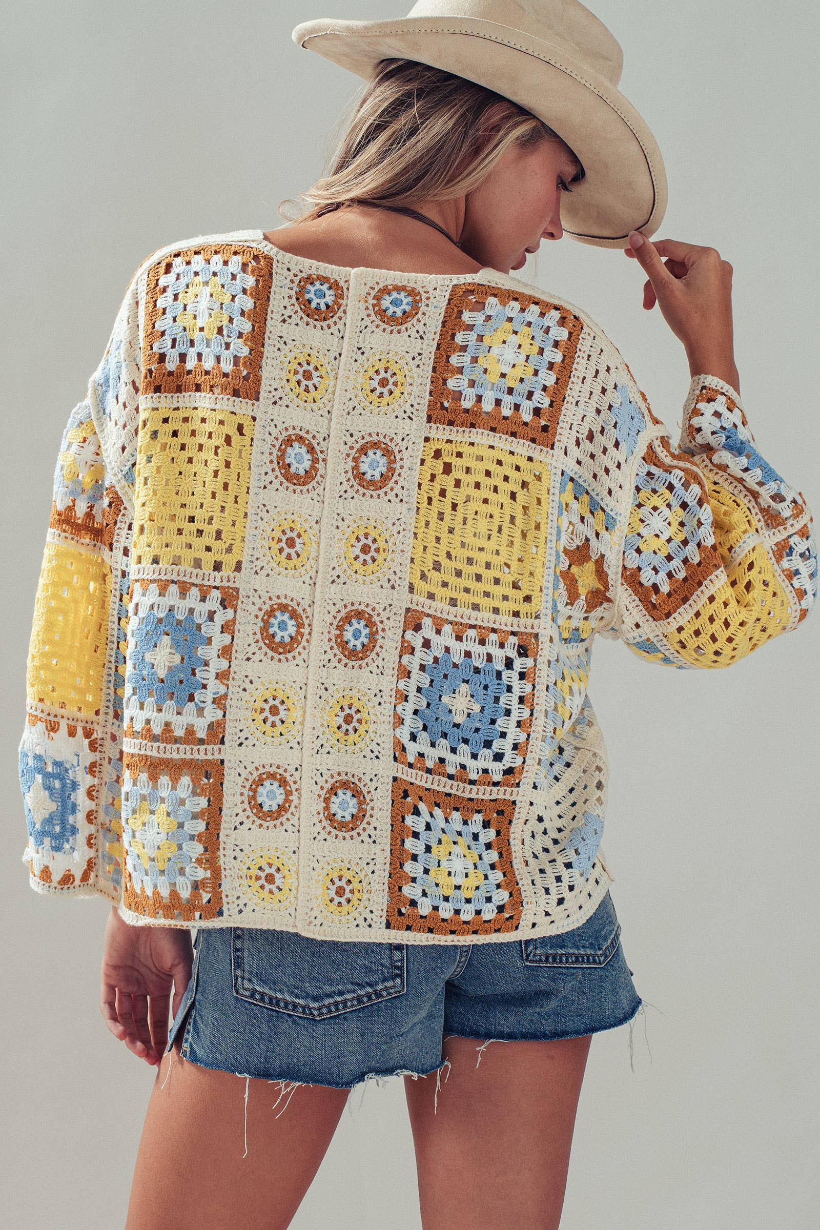Granny Square Crochet Tie-Front Cardigan