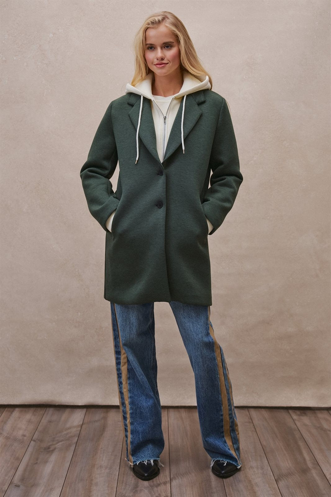 Scuba Topcoat with Detachable Hoodie in OLIVE - Women's Coats | Urban Daizy