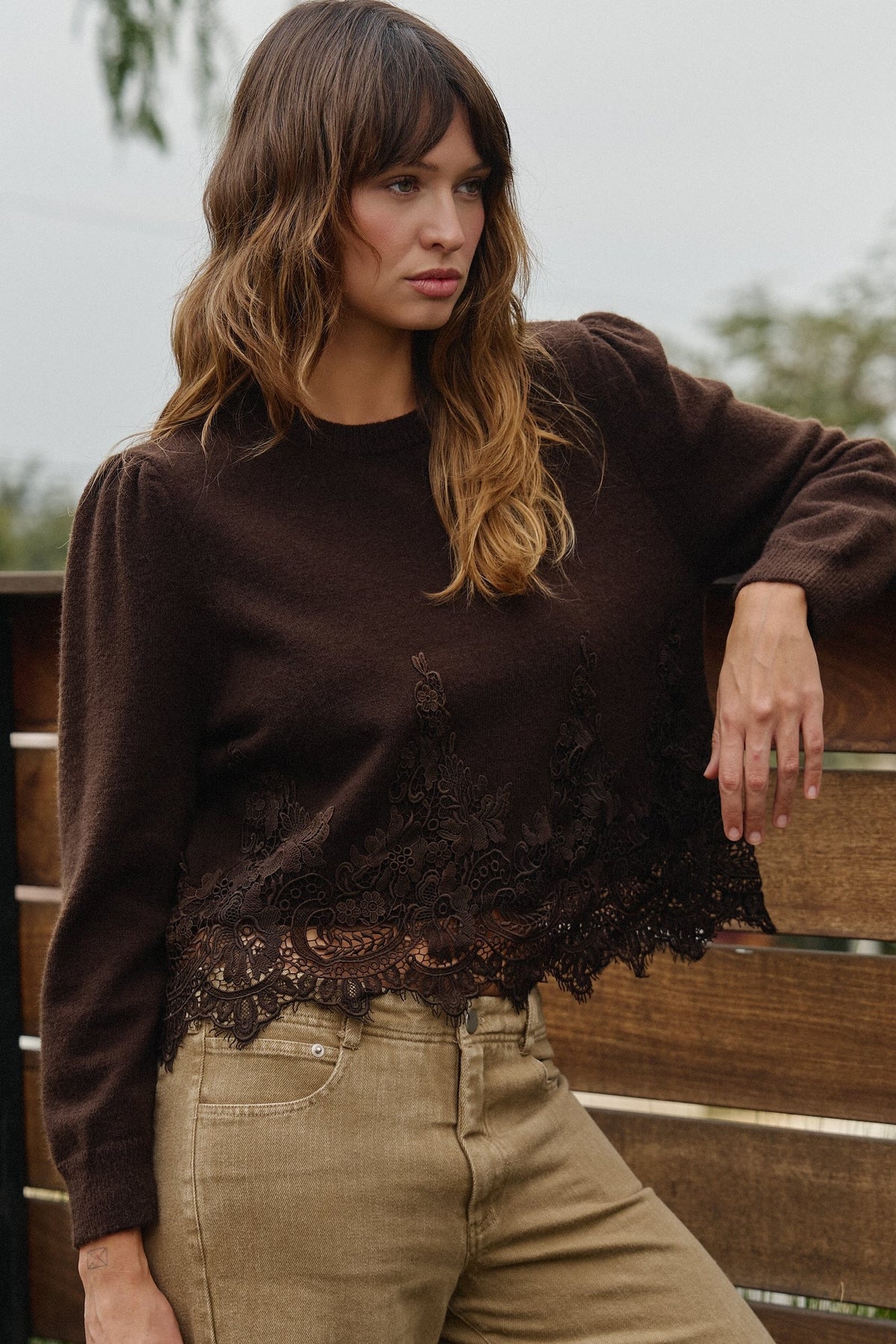 Lace Trim Knit Sweater with Floral Hem Detail in BROWN - Women's Sweaters | Urban Daizy