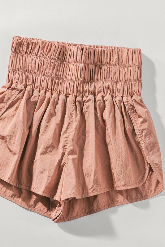 High-Waisted Smocked Nylon Running Shorts with Liner
