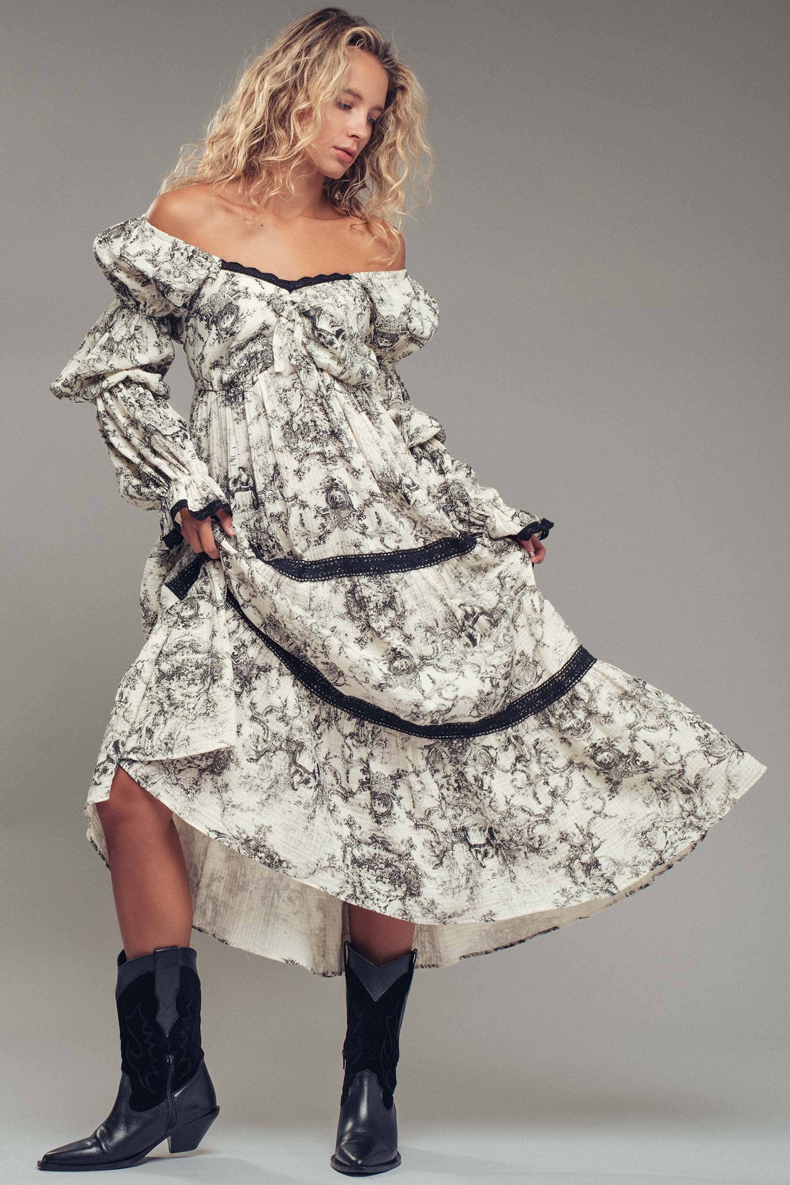 Urban Daizy Off-Shoulder Tiered Puff Sleeve Midi Dress Blue Dress - Women's (UDDR0211-Blue) – alternate view 3