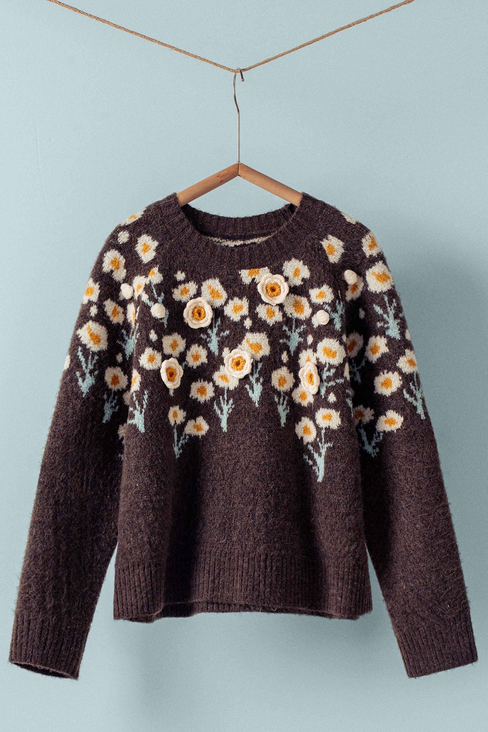 Urban Daizy Daisy Embossed 3D Floral Knit Sweater Brown Knit Sweater - Women's (UDZ-KN-00653)