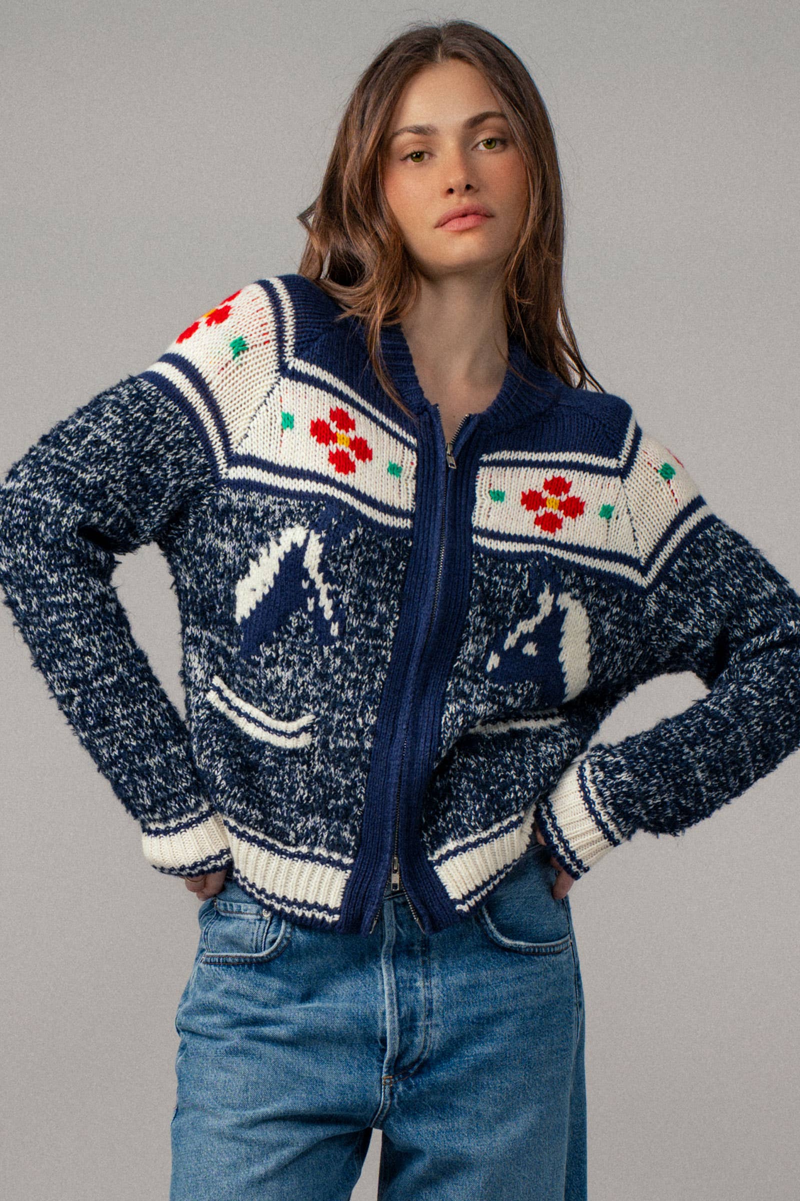 Urban Daizy Floral Yoke Zip-Up Knit Cardigan Navy-Multi Cardigan - Women's (UDZ-TP-00814) – alternate view 2
