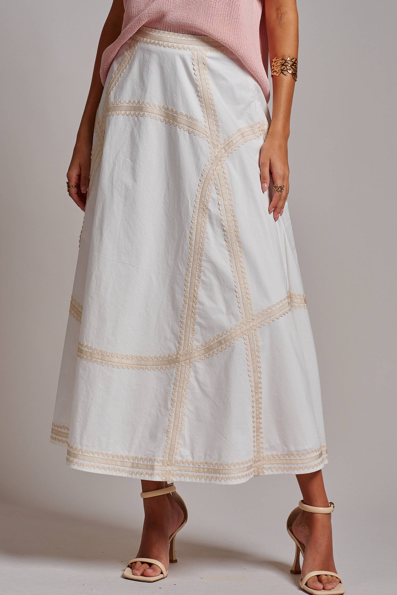 Contrast Rickrack Trim Cotton A-Line Midi Skirt