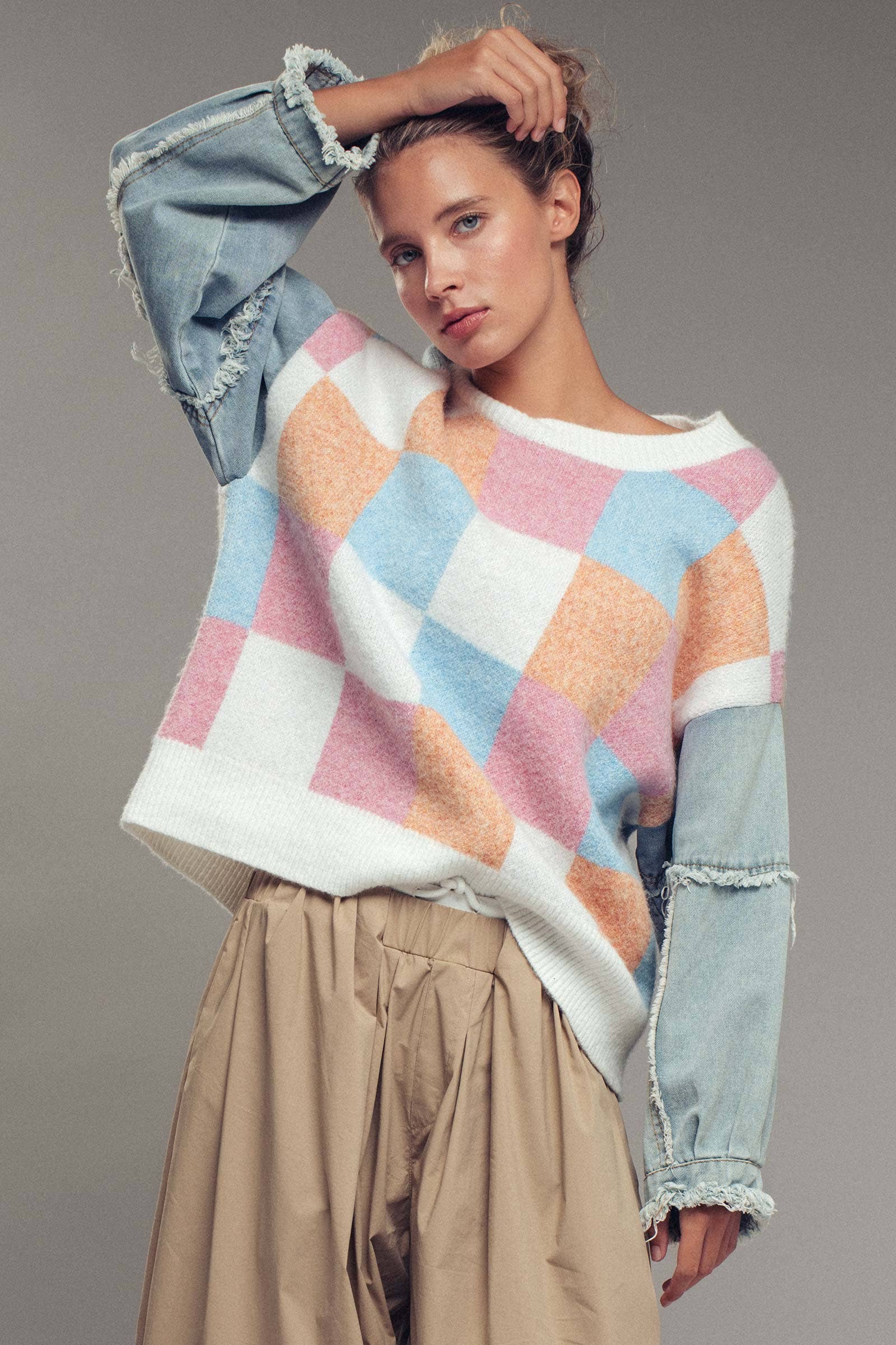 Urban Daizy Checkered Knit with Denim Sleeves Crewneck Sweater Blue-Combo Knit Sweater - Women's (UDZ-KN-00486) –…