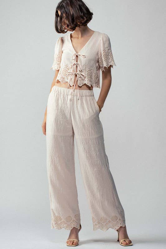 Urban Daizy Embroidered Eyelet Flutter Sleeve Top and Wide Leg Pants Natural Top & Pant Set (NOT Loungewear) - Women's (UDZ-PT-00354) – alternate view 7