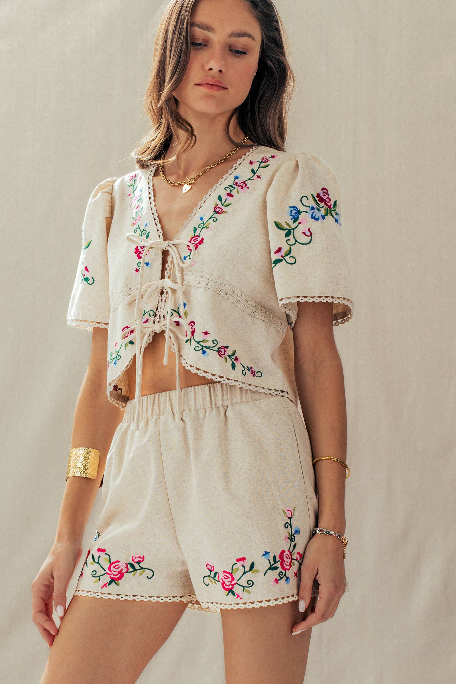 Boho Embroidered Lace Trim High-Rise Summer Shorts