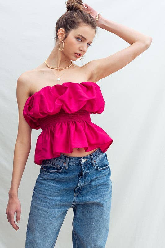 Urban Daizy Strapless Ruffle Smocked Waist Silky Peplum Top Black Blouse - Women's (UDZ-TP-00566) – alternate view 15