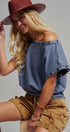 Grommet Trim Washed Cotton Boat Neck Top in VINTAGE NAVY - Women's T-Shirts & Polos | Urban Daizy