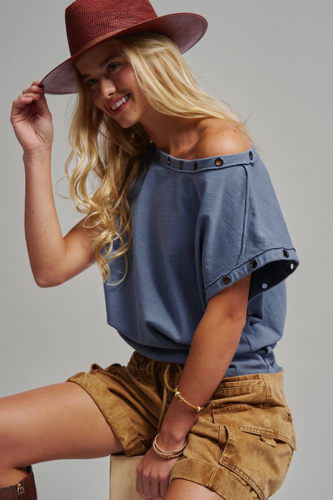 Grommet Trim Washed Cotton Boat Neck Top in VINTAGE NAVY - Women's T-Shirts & Polos | Urban Daizy