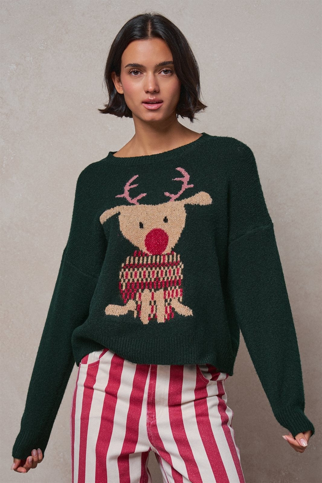 Rudolph Crewneck Knit Sweater in H GREEN - Women's Sweaters | Urban Daizy