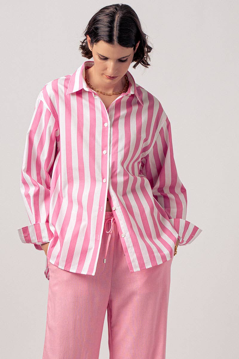 Urban Daizy Oversized Stripe Button Down Collared Shirt Blue Button Down Shirt - Women's (UDZ-TP-00759) – alternate view 21