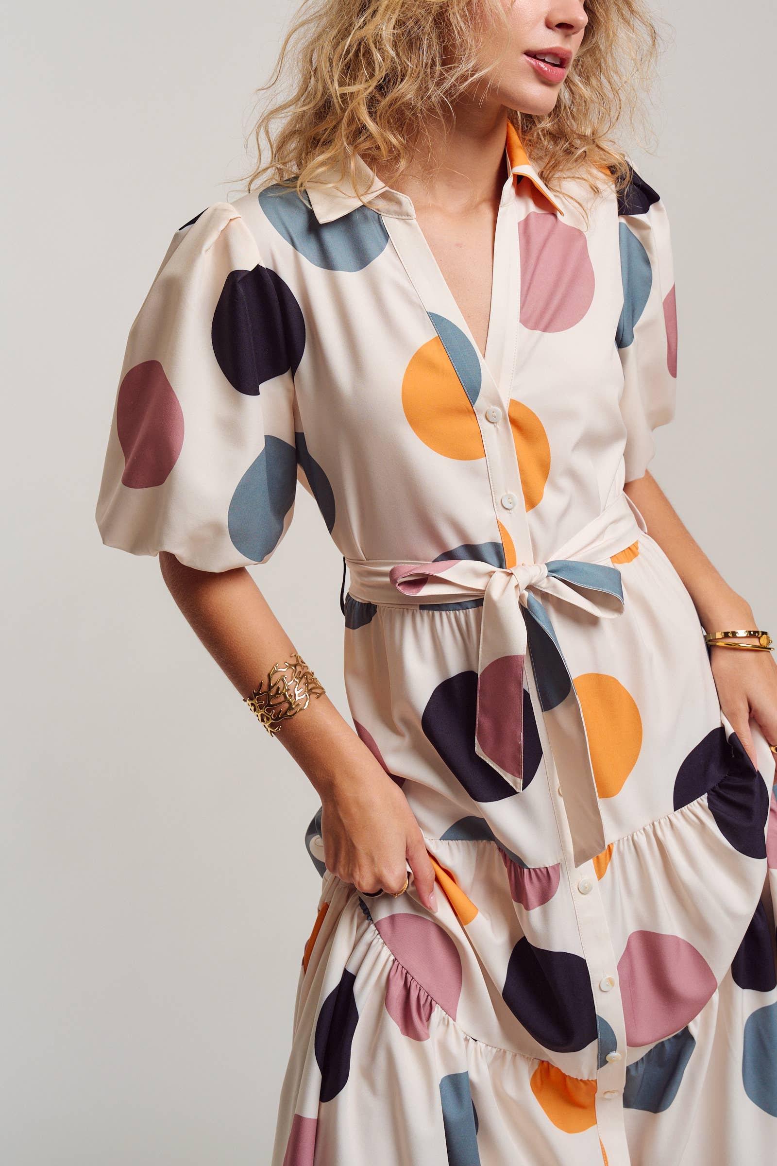 Urban Daizy Retro Polka Dot Puff Sleeve Tiered Maxi Shirt Dress Cream Dress - Women's (TNDR1630-Cream) – alternate view 7