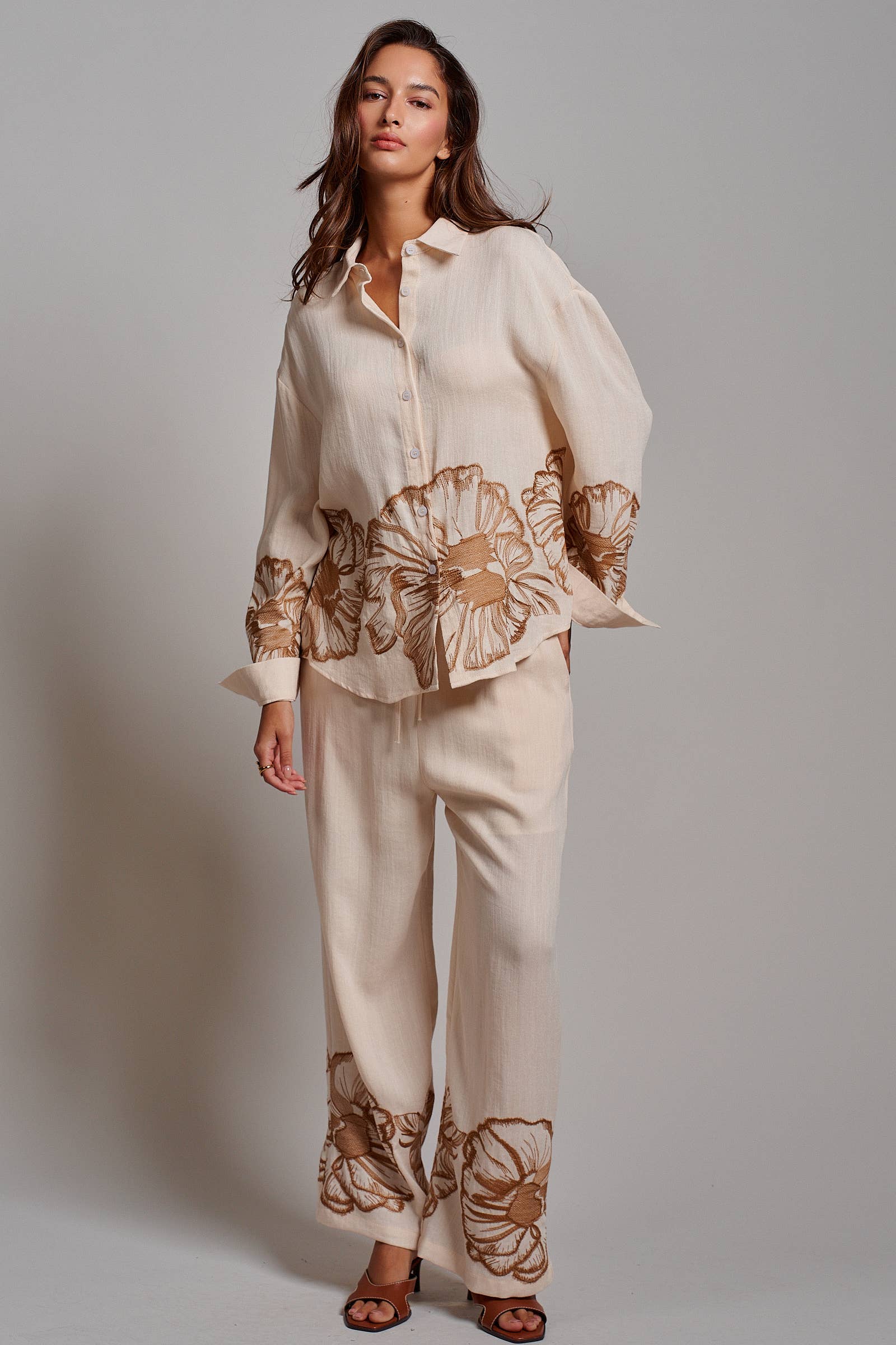 Floral Embroidered Oversized Button Down Shirt