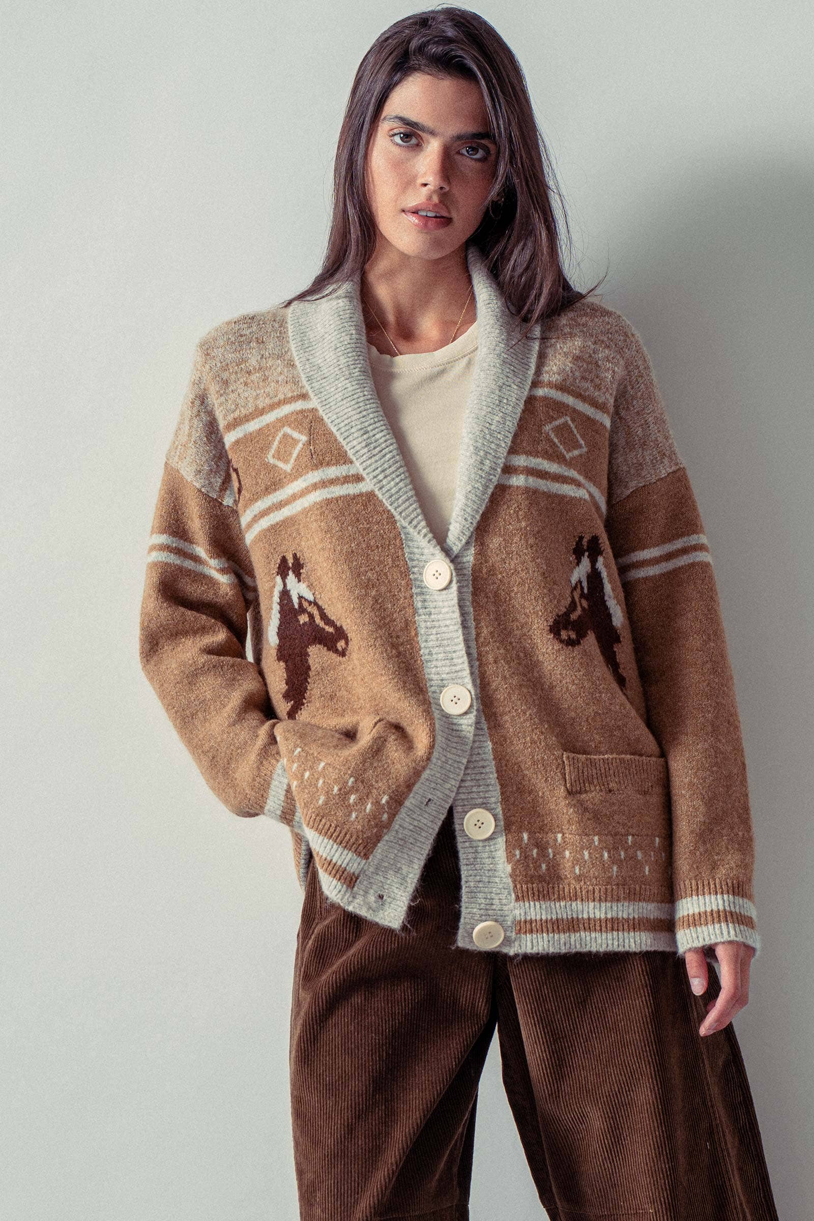 Urban Daizy Horse Motif Shawl Collar Cardigan Grey Cardigan - Women's (UDZ-KN-00654) – alternate view 2