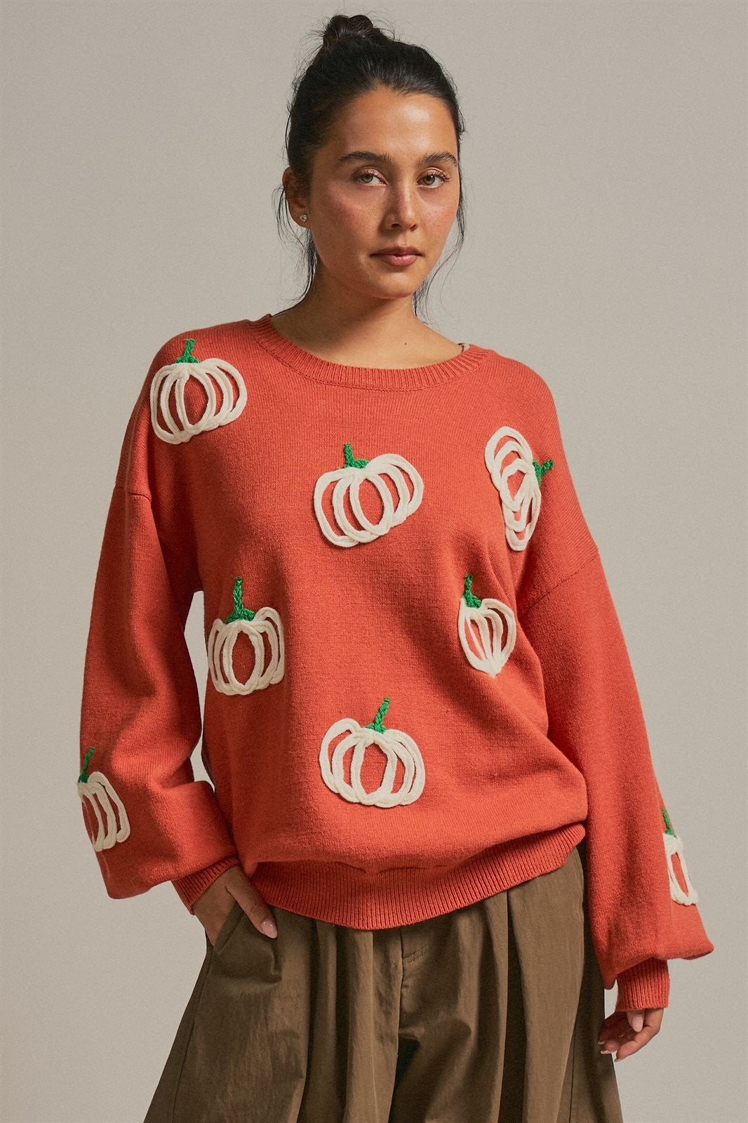 Pumpkin Embroidered Crew Neck Sweater in RUST - Women's Sweaters | Urban Daizy