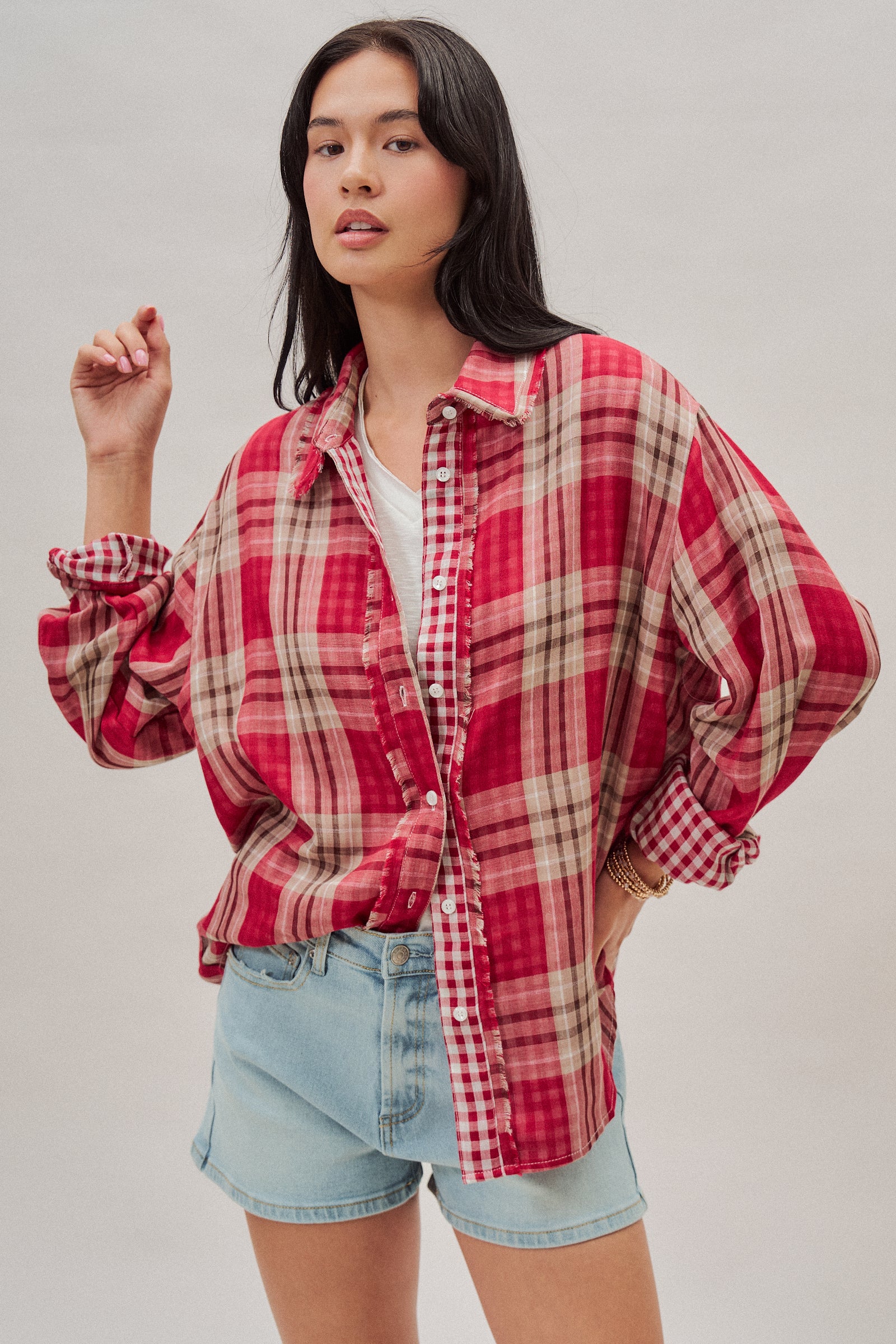 Double Gauze Plaid Oversized Button-Down Shirt