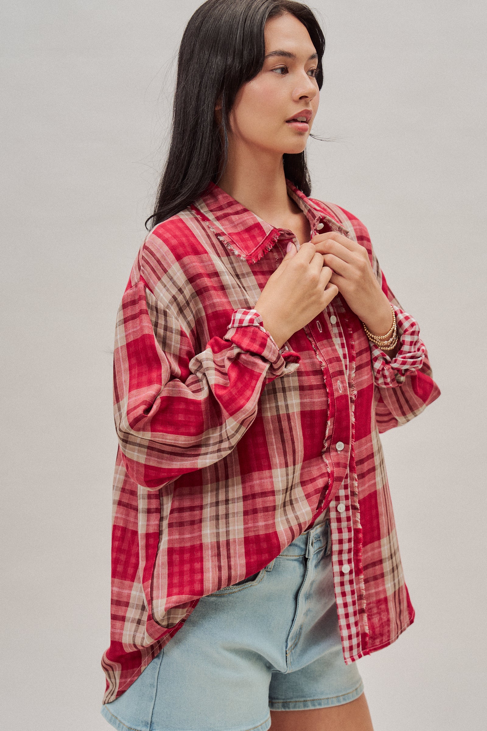 Double Gauze Plaid Oversized Button-Down Shirt