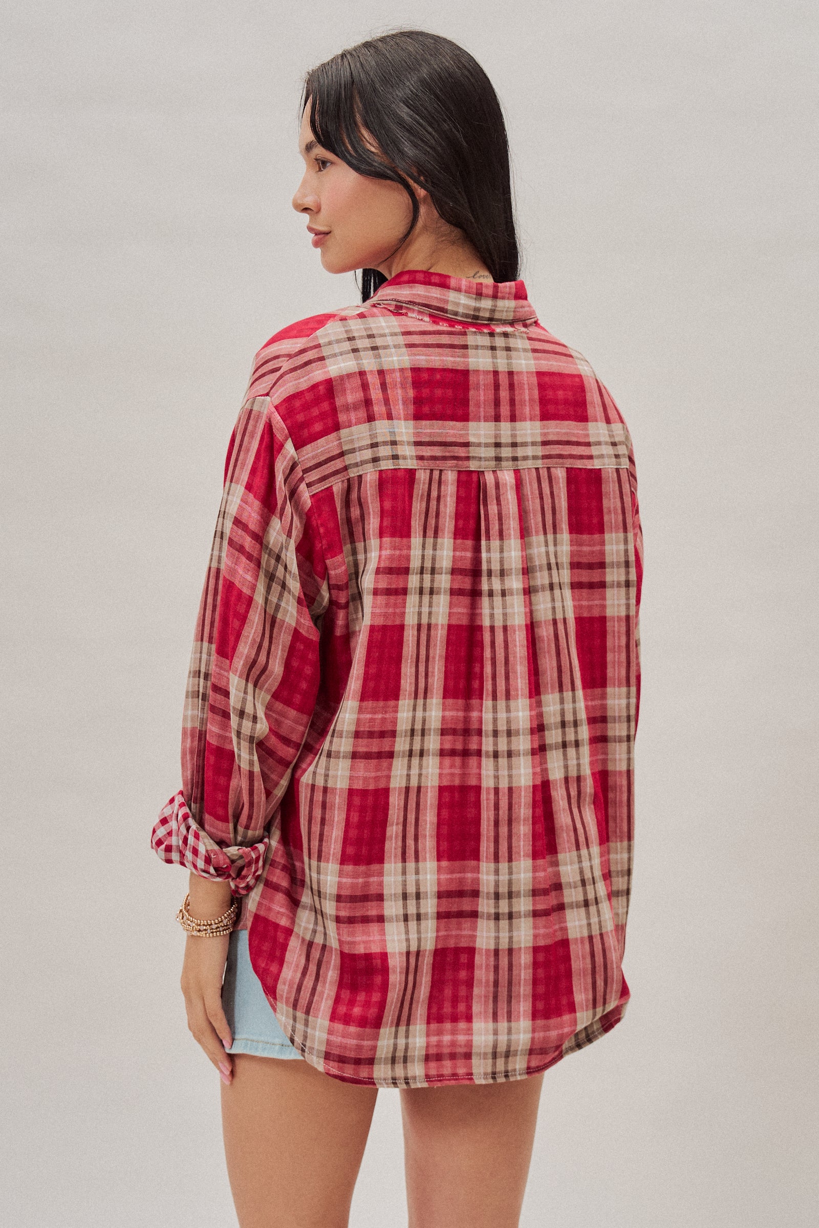 Double Gauze Plaid Oversized Button-Down Shirt