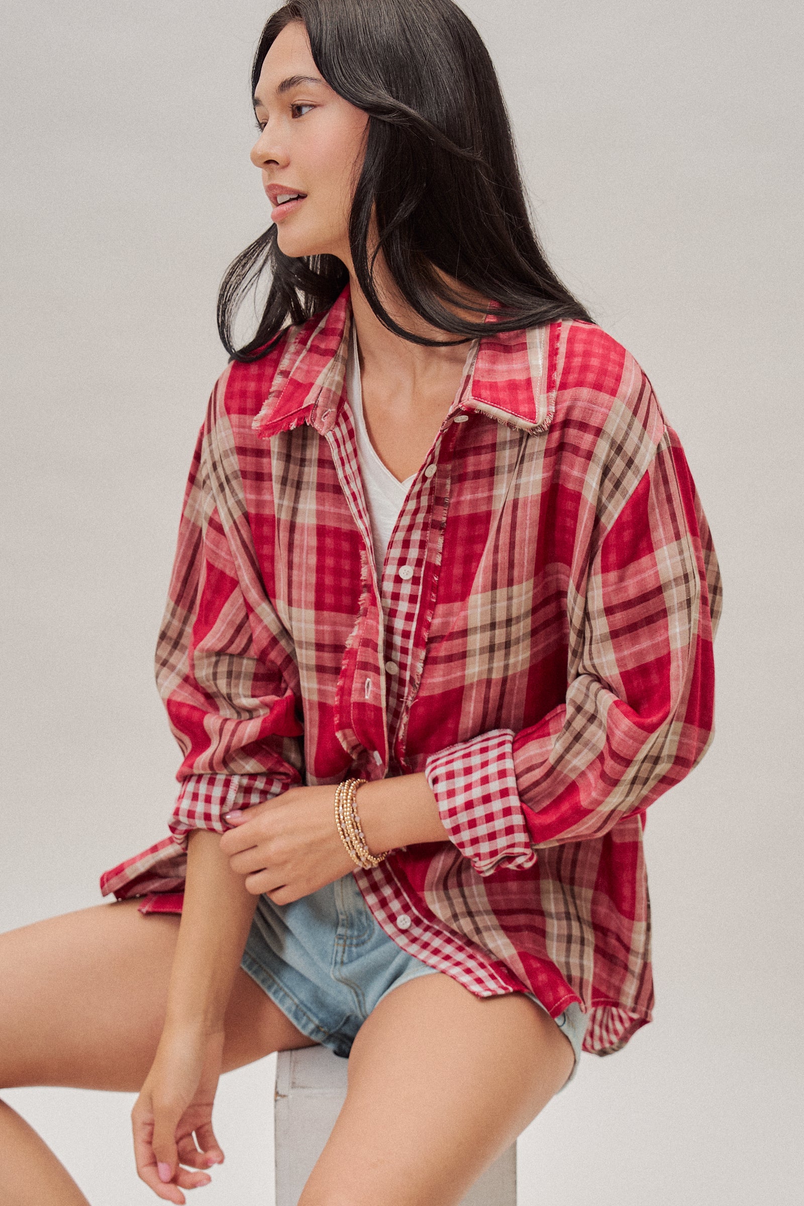 Double Gauze Plaid Oversized Button-Down Shirt
