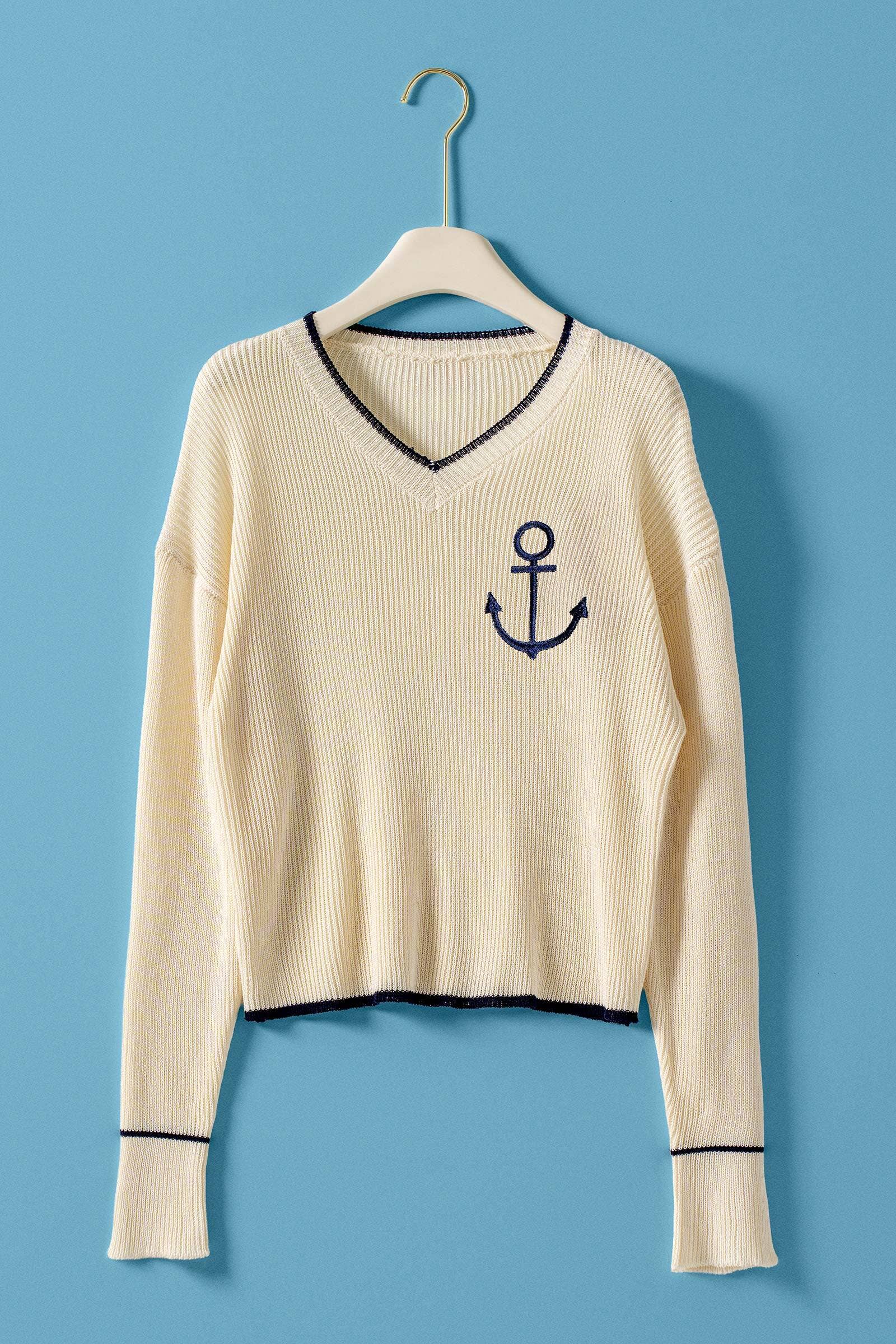 Urban Daizy Nautical Anchor V-Neck Knit Top Contrast Trim Navy Knit Top - Women's (UDZ-TP-01048) – alternate view 2
