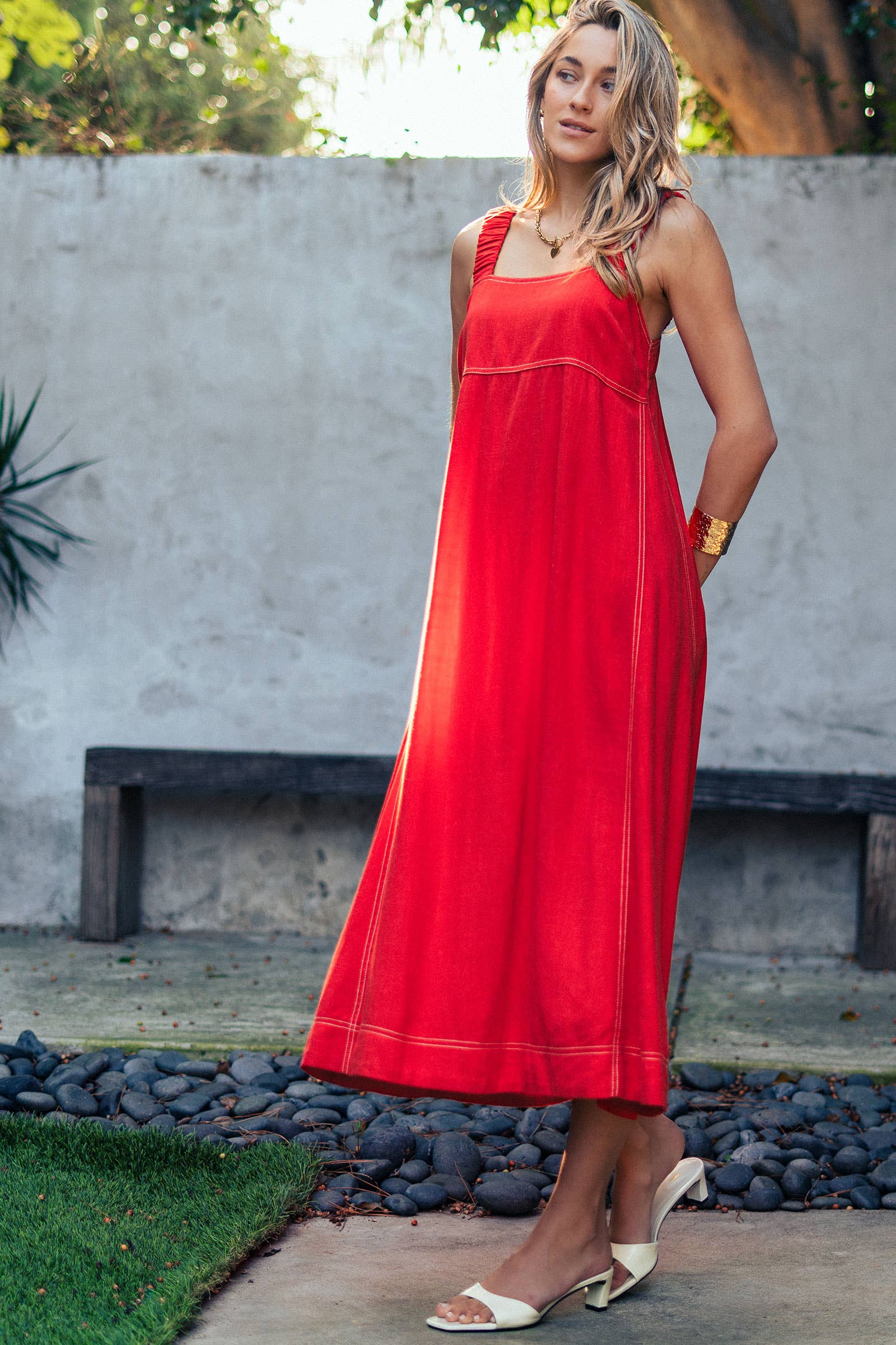 Contrast Stitch Square Neck Tencel Linen Midi Dress