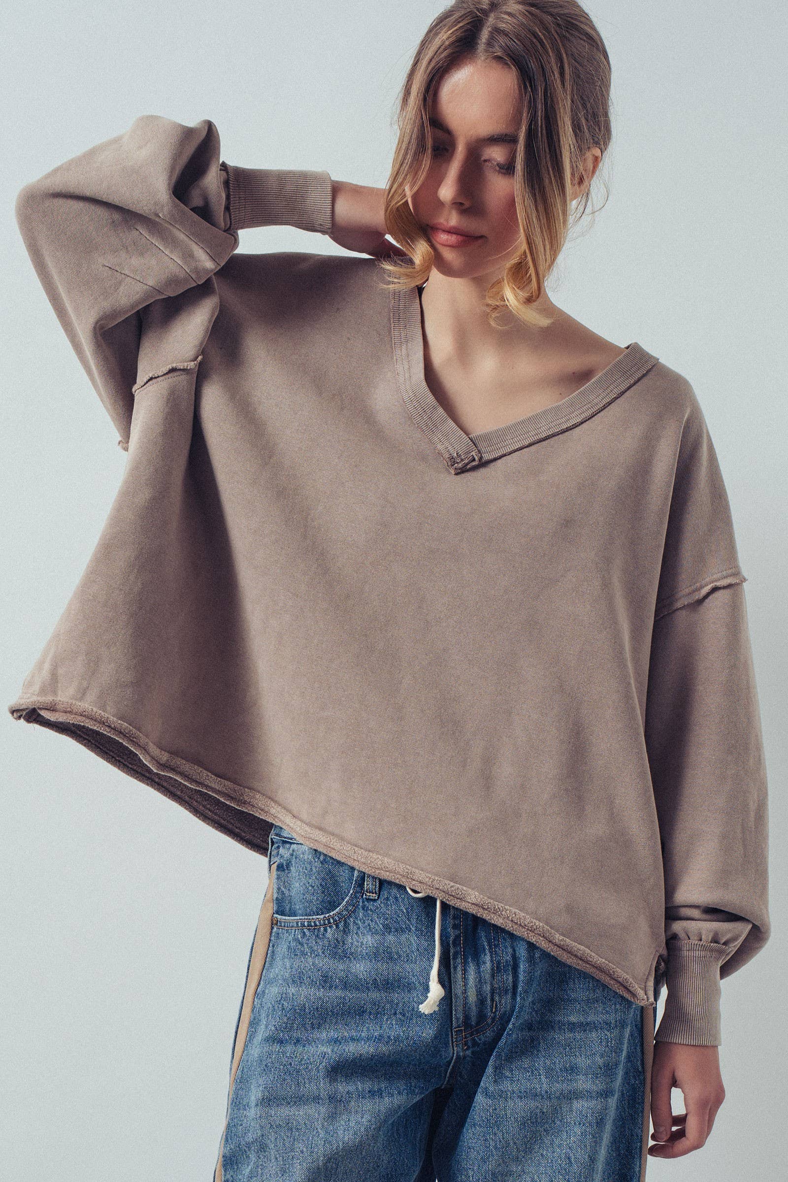 Raw Edge V-Neck Oversized Sweatshirt