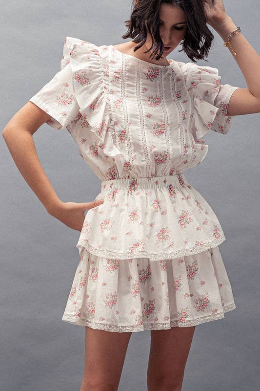 Urban Daizy Floral Ruffle Sleeve Tiered Lace Mini Dress Ivory Dress - Women's (UDZ-AC-00158)