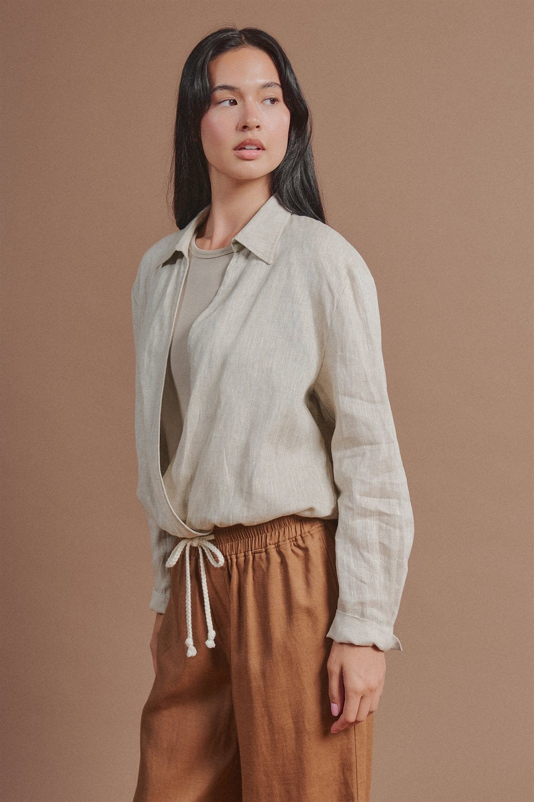 Linen Double Layer Wrap Blouse with Built-In Tank in LINEN - Women's Shirts & Blouses | Urban Daizy
