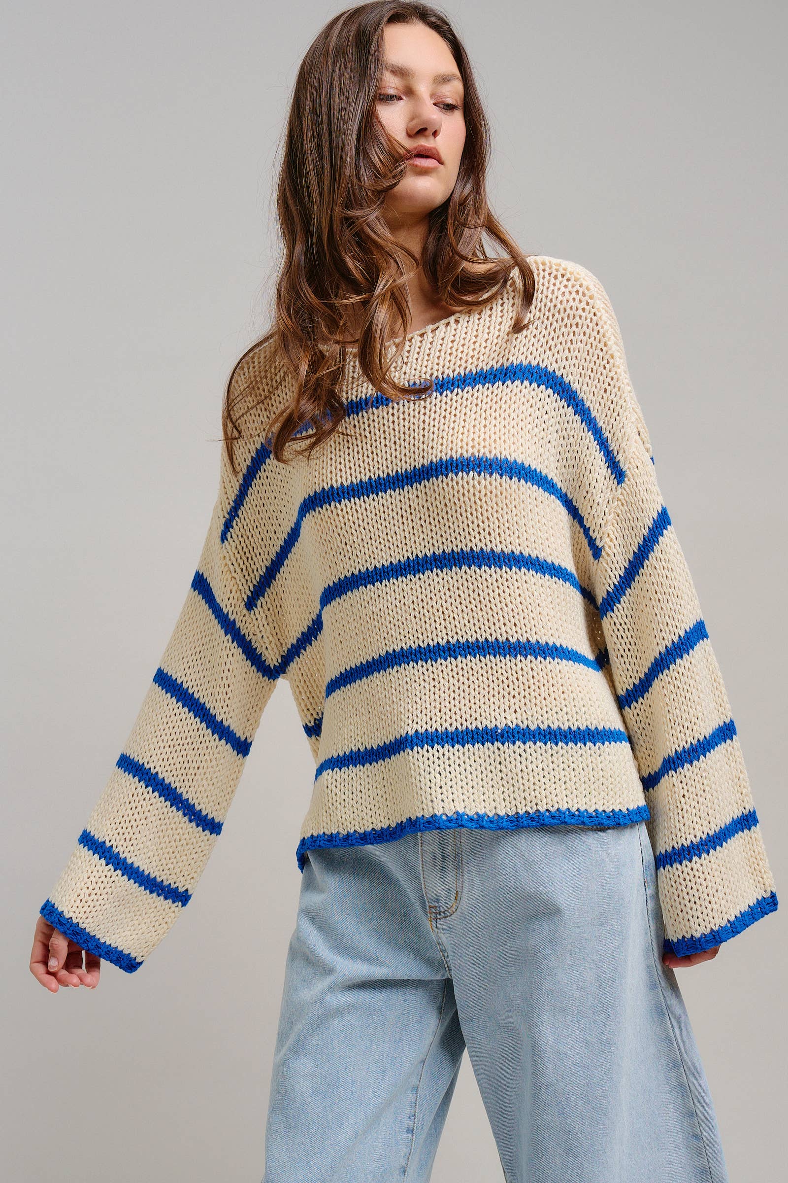 Nautical Striped Open Knit Slouchy Sweater