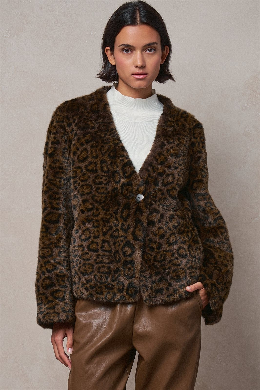 Leopard Print Faux Fur V-Neck Jacket in BROWN - Women's Jackets & Blazers | Urban Daizy