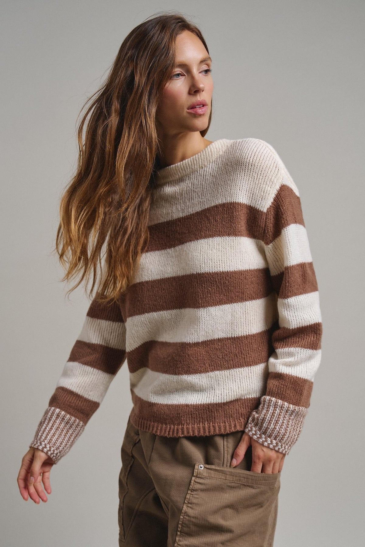 Striped Oversized Chunky Knit Sweater in BROWN - Women's Sweaters | Urban Daizy
