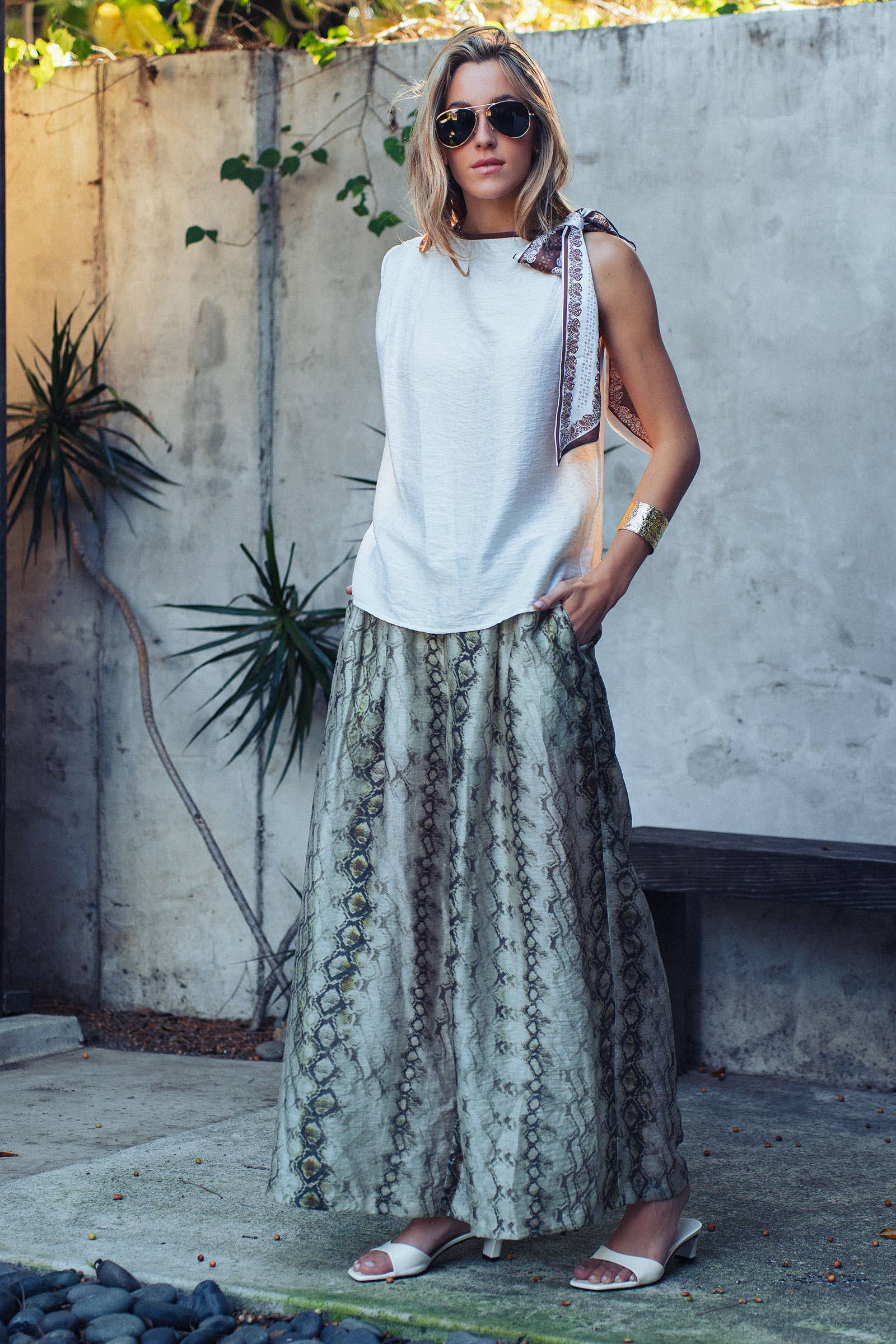 Snake Print Wide Leg Pants Linen Blend